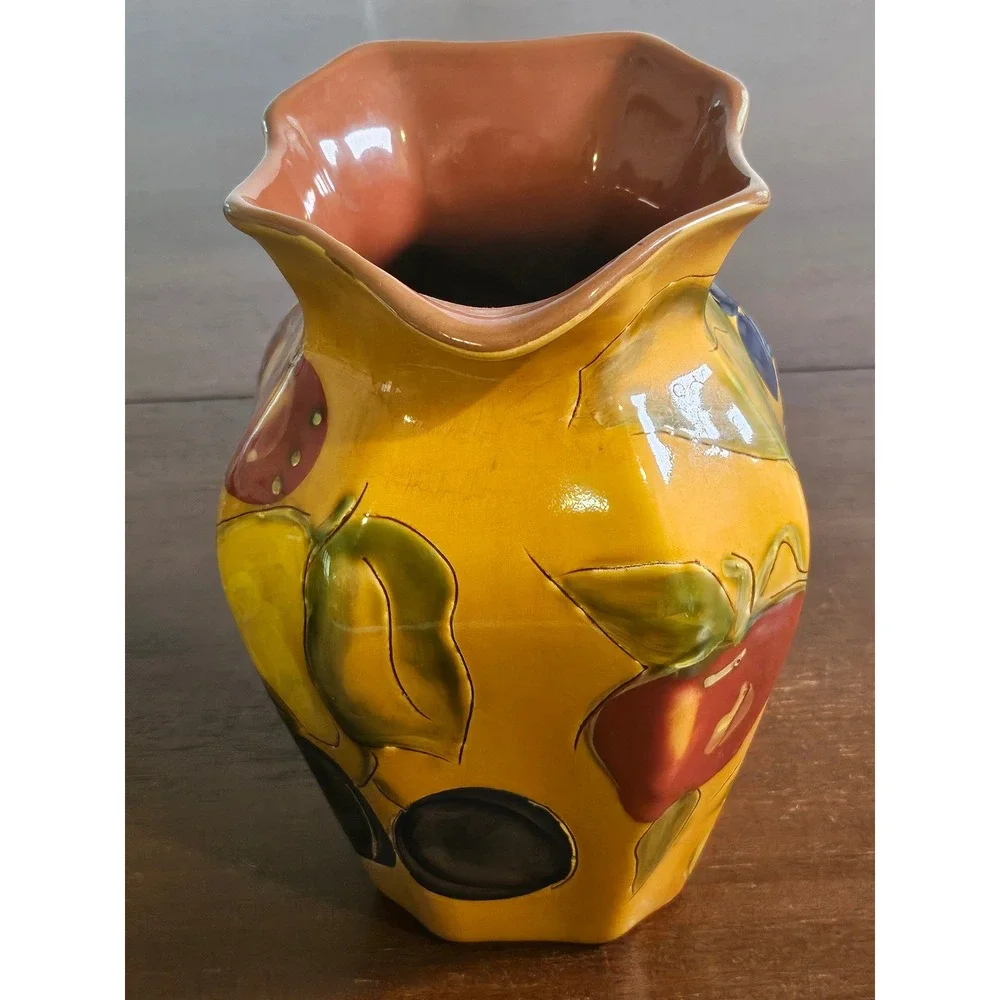 C.Kao Fruit Pitcher Home Decor Yellow Hand Painted Ceramic Grapes Cherries Pears